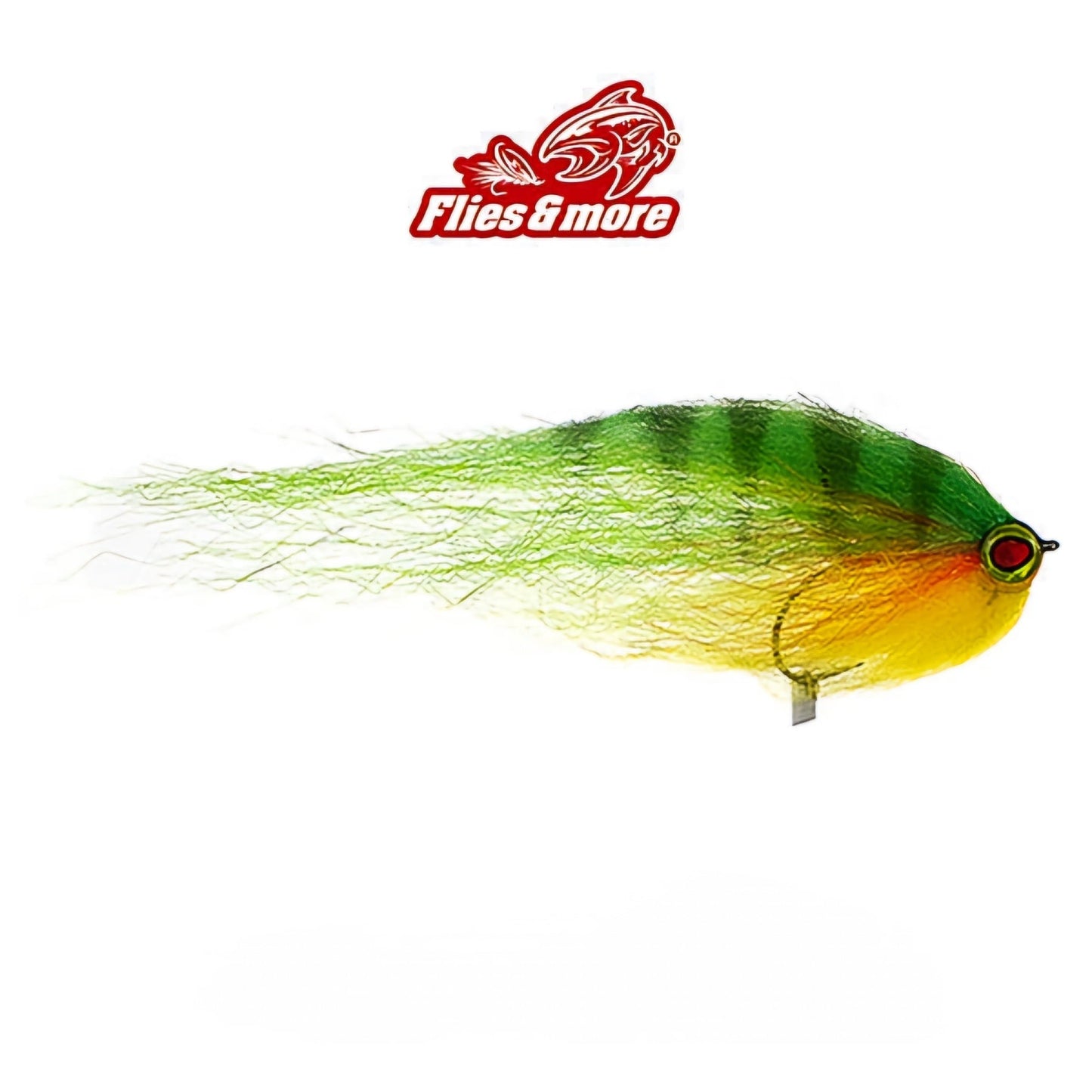 Hechtfliege in den Farben grün gelb rot mit Epoxy-Augen gebunden auf einen 0/2er Haken mit Widerhaken Länge ca. 14-15 cm