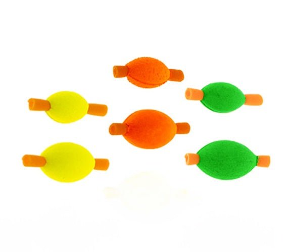 Bissanzieger mittlerer Größe aus farbigem Schaumstoff fluo grün, fluo orange, fluo gelb in Form eines Footballs auf Kunststoffröhrchen. Durchmesser 10mm, Länge 15mm.