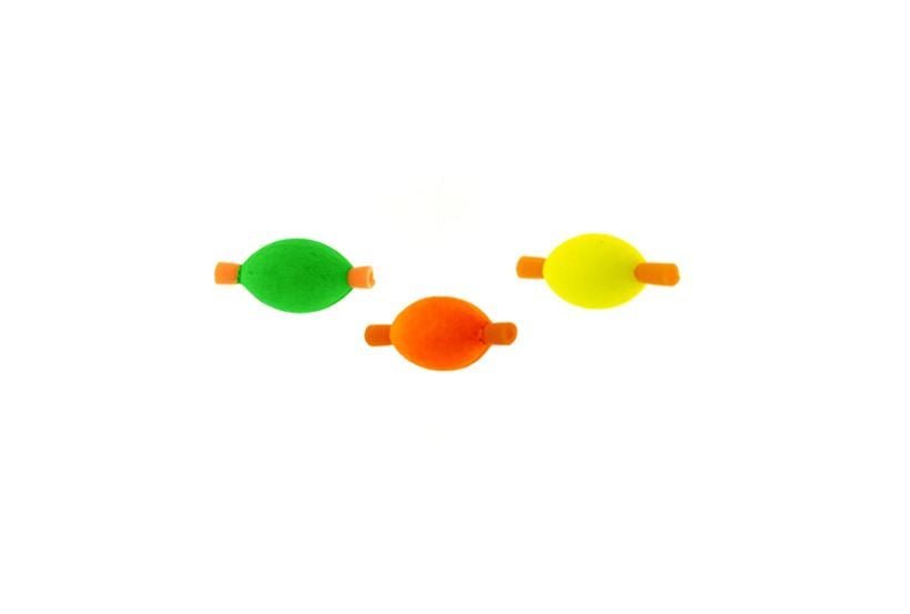Bissanzieger mittlerer Größe aus farbigem Schaumstoff fluo grün, fluo orange, fluo gelb in Form eines Footballs auf Kunststoffröhrchen. Durchmesser 10mm, Länge 15mm.