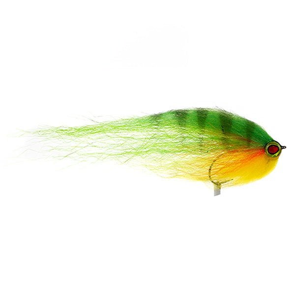 Hechtfliege in den Farben grün gelb rot mit Epoxy-Augen gebunden auf einen 0/2er Haken mit Widerhaken Länge ca. 14-15 cm