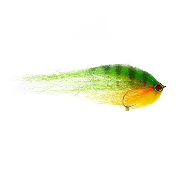 Hechtfliege in den Farben grün gelb rot mit Epoxy-Augen gebunden auf einen 0/2er Haken mit Widerhaken Länge ca. 14-15 cm