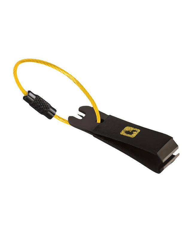 Loon Rogue Nippers Schnurclipper schwarz mit Softgriff, gelber Befestigungsschlinge aus Draht und Loon Outdoors Logo